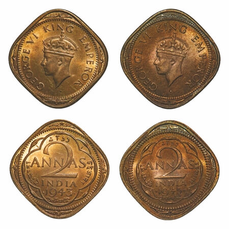 George VI, Nickel-Brass, 2 Annas, (2 coins), Bombay Mint, 1) 1943, Dots by year, Head Type