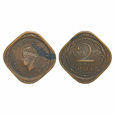 George VI, Nickel-Brass, 2 Annas, 1944, Lahore Mint, No dots by year, Head Type II, 'L' ra