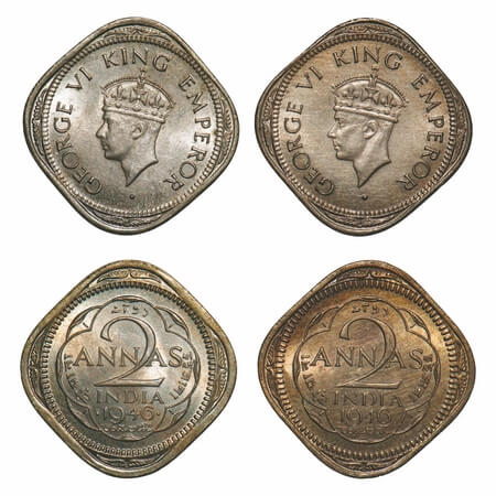George VI, Copper-Nickel, 2 Annas, (2 coins), 1946, 1) Bombay Mint, Dots by year, Head Typ