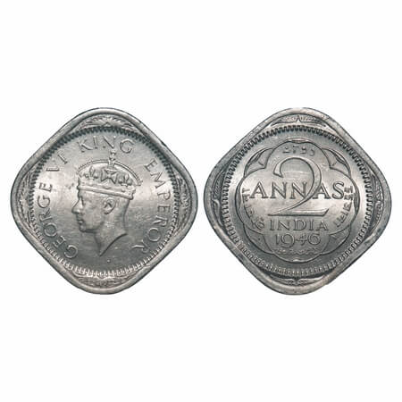 George VI, Copper-Nickel, 2 Annas, 1946, Calcutta Mint, No dots by year, Head Type II, Nor