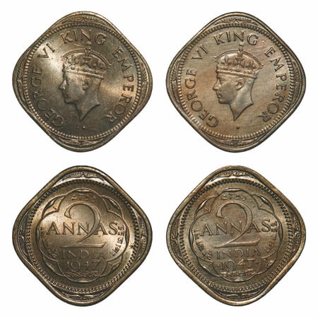 George VI, Copper-Nickel, 2 Annas, (2 coins), 1947, 1) Bombay Mint, Dots by year, Head Typ