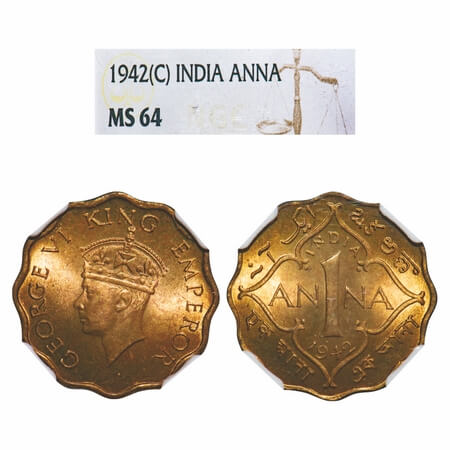 George VI, Nickel-Brass, 1 Anna, 1942, Calcutta Mint, No dot, Head Type II. F. Prid 964. G