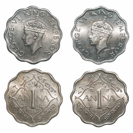 George VI, Copper-Nickel, 1 Anna, (2 coins), 1947, 1) Bombay Mint, Dot, Head Type II, Tip 