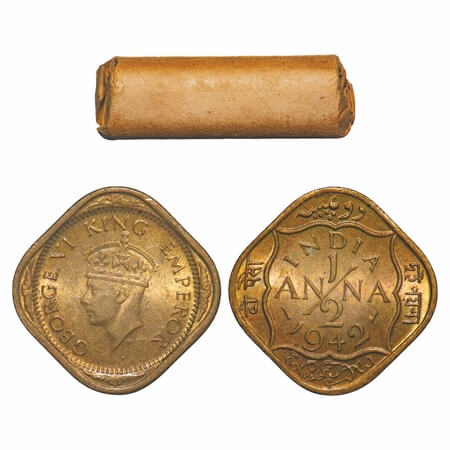 George VI, Nickel-Brass, 1/2 Anna, (Roll of 24 coins), 1942, Bombay Mint, No dots by India