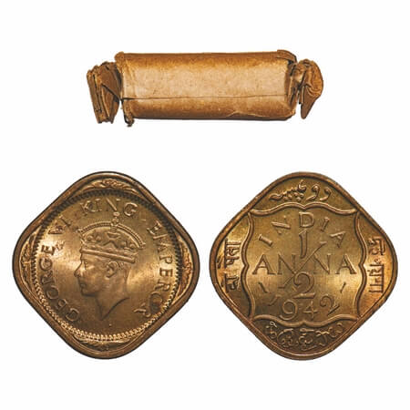 George VI, Nickel-Brass, 1/2 Anna, (Roll of 24 coins), 1942, Bombay Mint, Dot. 24 coins in