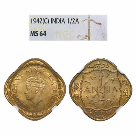 George VI, Nickel-Brass, 1/2 Anna, 1942, Calcutta Mint, Dots by India, Dashes by year. F. 