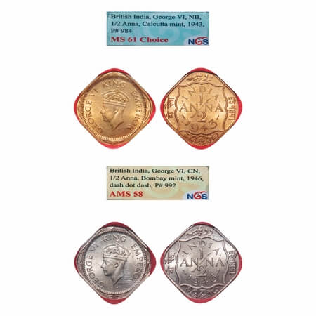 George VI, Mix Metal, 1/2 Anna, (2 slabs), 1) Nickel-Brass, 1943, Calcutta Mint, Dots by I