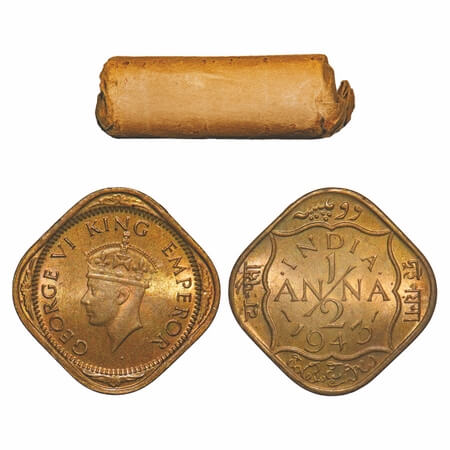 George VI, Nickel-Brass, 1/2 Anna, (Roll of 24 coins), 1943, Calcutta Mint, Dots by India,