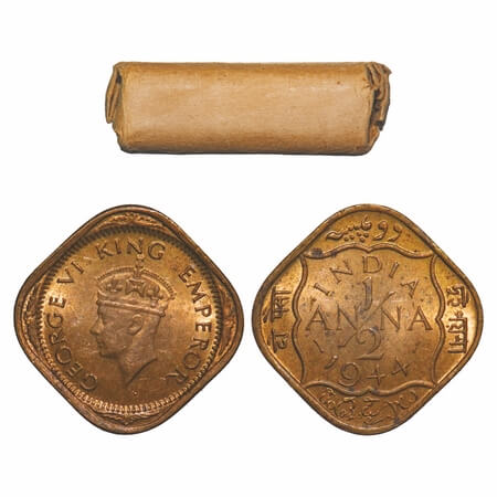 George VI, Nickel-Brass, 1/2 Anna, (Roll of 24 coins), 1944, Calcutta Mint, Dots by India,