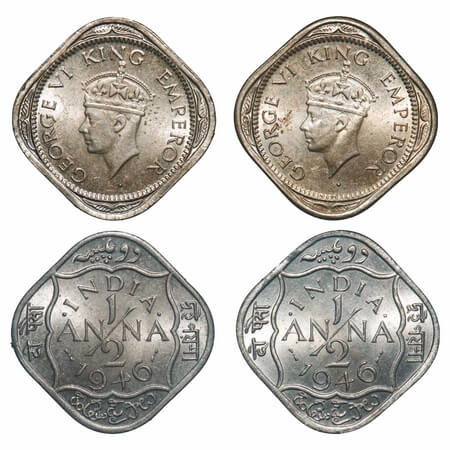 George VI, Copper-Nickel, 1/2 Annas, (2 coins), 1946, Bombay Mint, Dots by India, Dash-dot
