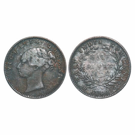 Victoria Queen, Silver, Half Rupee, 1840, CL, Calcutta Mint, A/I, English Head, Wreath wit