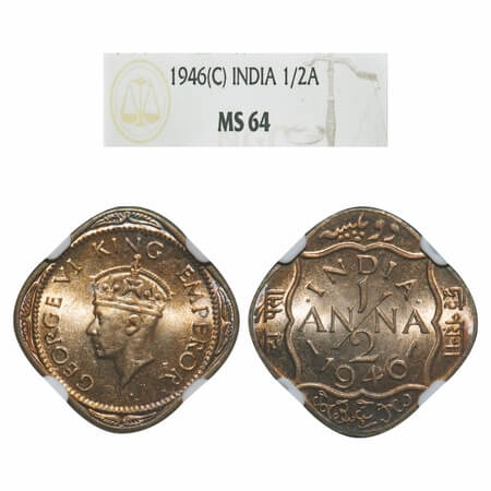 George VI, Copper-Nickel, 1/2 Anna, 1946, Calcutta Mint, Dots by India, Dashes by year. F.
