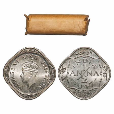 George VI, Copper-Nickel, 1/2 Anna, (Roll of 24 coins), 1947, Bombay Mint, Dots by India, 