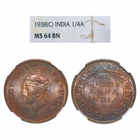 George VI, Bronze, Quarter Anna, 1938, Calcutta Mint, No dot, Head Type I. F. Prid 684. GK