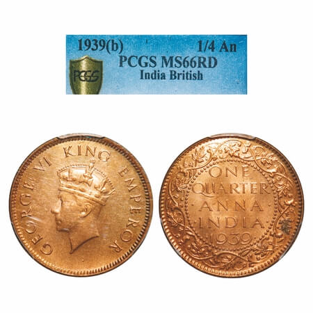 George VI, Bronze, Quarter Anna, 1939, Bombay Mint, Dot, Head Type I. F. Prid 690. GK 1422