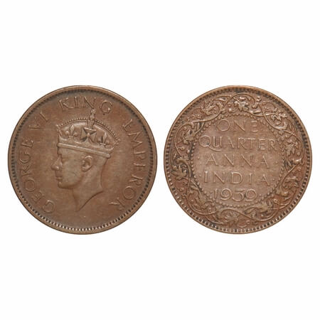 George VI, Bronze, Quarter Anna, 1939, Calcutta Mint, Head Type II, No dot. F. Prid Unlist