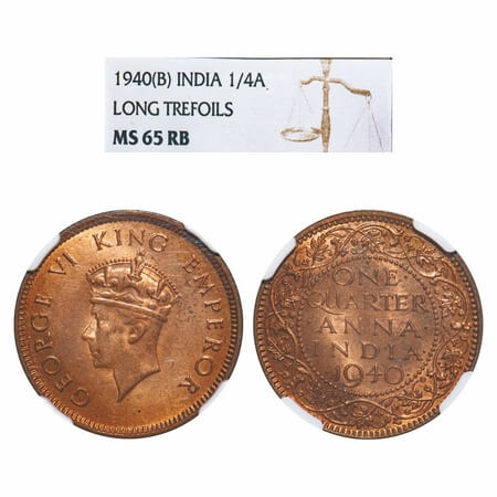 George VI, Bronze, Quarter Anna, 1940, Bombay Mint, Dot, Head Type I. F. Prid 691. GK 1425