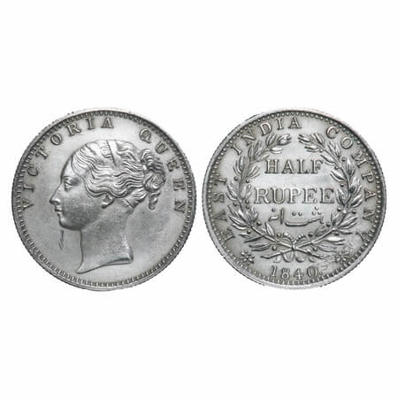 Victoria Queen, Silver, Half Rupee, 1840, CL, Calcutta Mint, A/I, English Head, Wreath wit