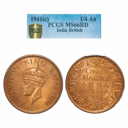 George VI, Bronze, Quarter Anna, 1941, Calcutta Mint, No dot, Head Type II. F. Prid 687. G