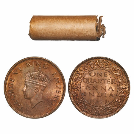 George VI, Bronze, Quarter Anna, (Roll of 32 coins), 1941, Calcutta Mint, Head Type II, No
