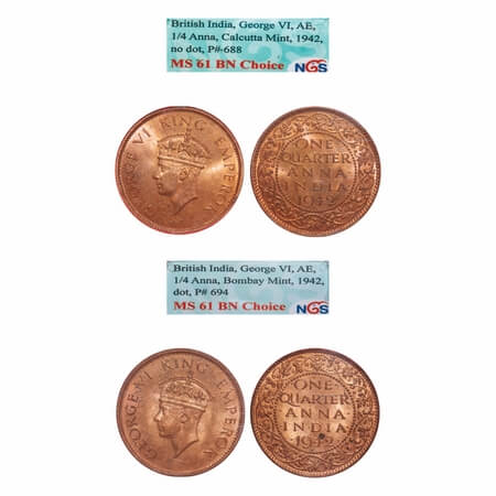 George VI, Bronze, Quarter Anna, (2 slabs), 1942, 1) Bombay Mint, Dot, Head Type II, 2) Ca
