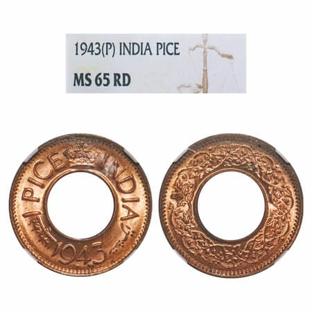 George VI, Bronze, 1 Pice, 1943, Pretoria Mint, Small dot, High Crown. F. Prid 705. GK 143