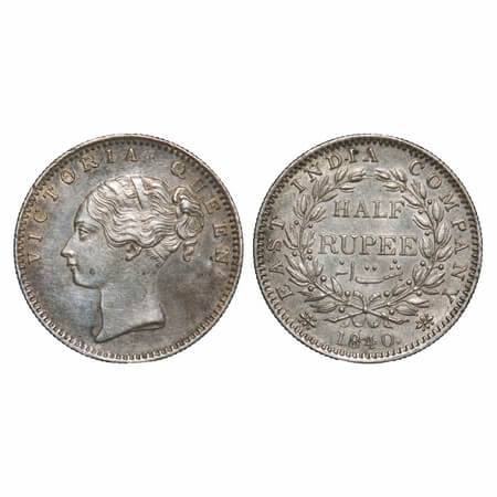 Victoria Queen, Silver, Half Rupee, 1840, CL, Bombay Mint, A/I, English Head, Wreath with 