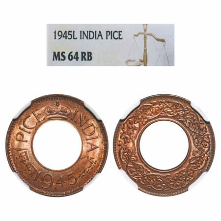 George VI, Bronze, 1 Pice, 1945, Lahore Mint, 'L' raised, Flat Crown. F. Prid 699. GK 1446