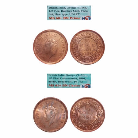 George VI, Bronze, 1/2 Pice, (2 slabs), 1) 1939, Bombay Mint, Dot, Head Type I, 2) 1940, C