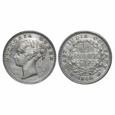Victoria Queen, Silver, 1/4 Rupee, 1840, CL, Calcutta Mint, A/I, English Head, Wreath with