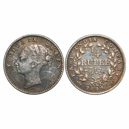 Victoria Queen, Silver, 1/4 Rupee, 1840, CL, Calcutta Mint, C/II, Indian Head, Wreath with