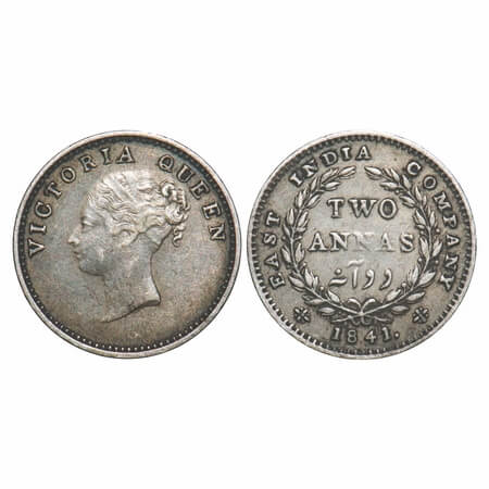 Victoria Queen, Silver, 2 Annas, 1841, CL, Calcutta Mint, A/I, Plain edge, Wreath with 16 