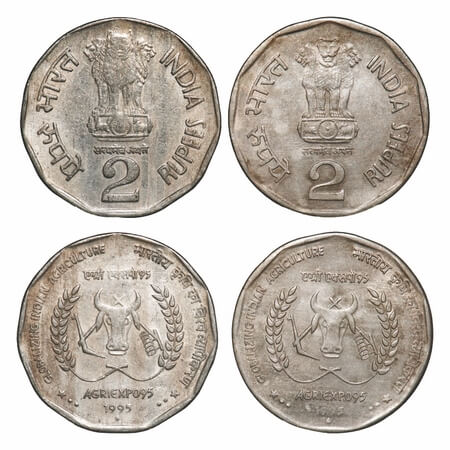 2 Rupee,1995, Cu-Ni, (2 Coins), Globalization Indian Agriculture (Agri Expo-95), Bombay Mi