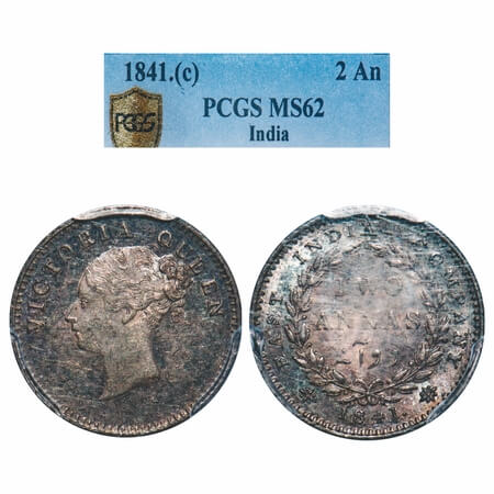 Victoria Queen, Silver, 2 Annas, 1841, CL, Calcutta Mint, A(a)/I, Plain edge, Numeral 4 wi