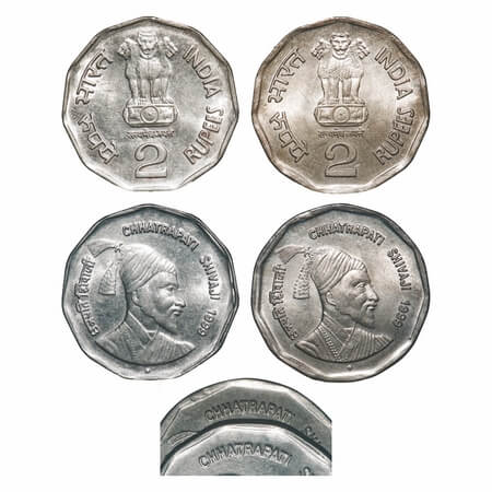2 Rupees, 1999, Cu-Nic, (2 Coins), Chhatrapati Shivaji, Bombay Mint, Small and Large legen