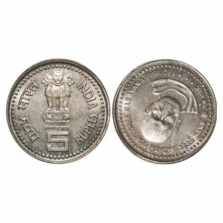 5 Rupees, 2006, Cu-Ni, Jagat Guru Sree Narayan Gurudev, Bombay Mint, Reverse 7 O'clock. Al
