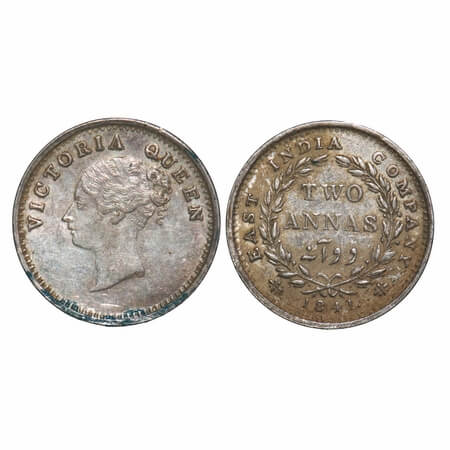 Victoria Queen, Silver, 2 Annas, 1841, CL, Madras Mint, A(a)/I, 'S' incused and 'V' raised