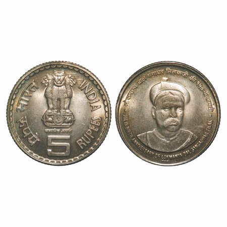 5 Rupees, 2007, Cu-Ni, 9.07g, Tilakji, Mumbai Mint, Extremely Fine+, Scarce.