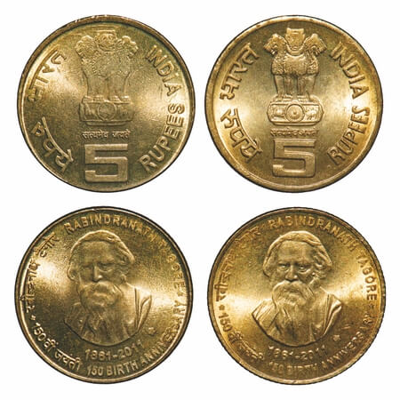 5 Rupees, 2010, Nickel-Brass, (2 Coins), Rabindranath Tagore, Hyderabad Mint Two different