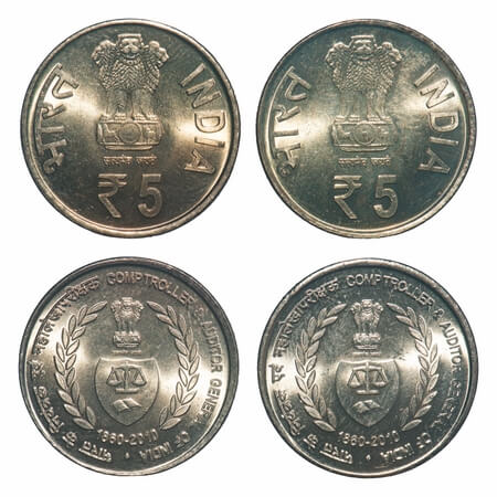 5 Rupees, 2010, Nickel-Brass, (2 coins), Comptroller & Auditor General of India, 1) UNC, 2