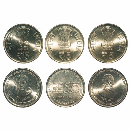 5 Rupees, 2014, Brass, (3 Coins), Begum Akhtar, BHEL, Jamshedji Tata, Bombay Mint. Uncircu