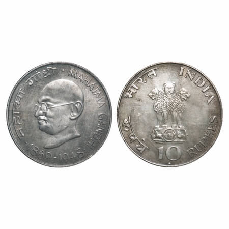 10 Rupees, 1969, Silver (80%), 14.91g, Mahatma Gandhi Centenary (1869-1948), Bombay Mint. 