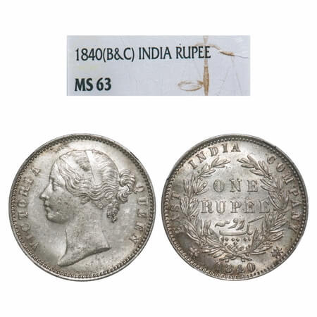 Victoria Queen, Silver, Rupee, 1840, DL, Calcutta Mint, W.W. raised, Wreath with 28 Berrie