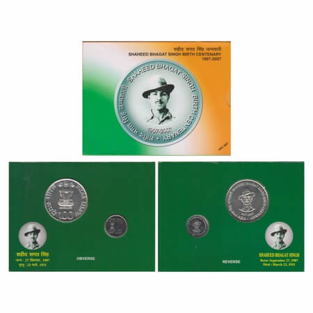 2007, UNC Set of 2 Coins, Shaheed Bhagat Singh Birth Centenary 1907 - 2007. 100 & 5 Rupees