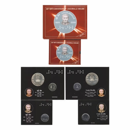 2009, UNC Set of 2 Coins & 1 Coin (2 Sets), 200th Birth Anniversary of Louis Braille - 180