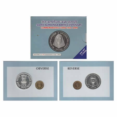 2009, Unc Set of 2 Coins, 100 & 5 Rupees, Saint Alphonso Birth Centenary, Mumbai Mint. S.R