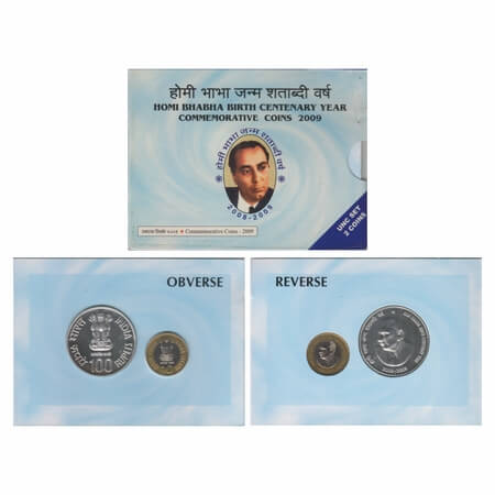 2009, Unc Set of 2 Coins, 100 & 10 Rupees, Homi Bhabha Birth Centenary, Mumbai Mint. in or
