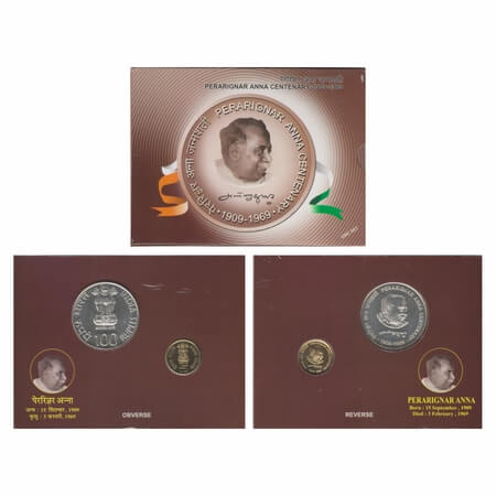 2009, Unc set of 2 Coins, 100 Rupees & 5 Rupees, Perarignar Anna Centenary, Kolkata Mint, 