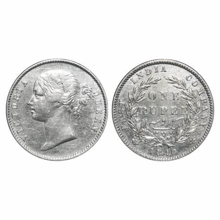 Victoria Queen, Silver, Rupee, 1840, DL, MULE, Bombay Mint, W.W. raised, Wreath with 25 Be