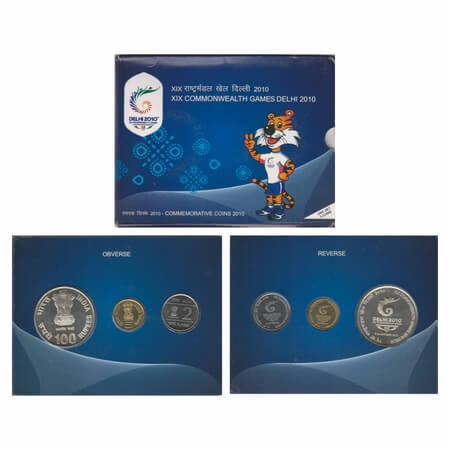 2010, Unc Set, 100 Rupees, 5 Rupees and 2 Rupees, XIX Commonwealth Games Delhi, Kolkata Mi